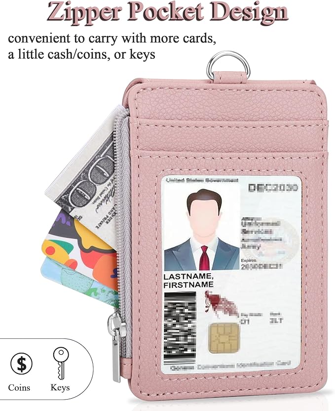 Teskyer Badge Holder with Side Zip Pocket, Multiple Card Slots Leather ID Holder Wallet with Neck Lanyard for Office Staffs, Teachers/Students, Workers, Cruise Cards, Bus/Metro Cards, Lichee Dark Pink