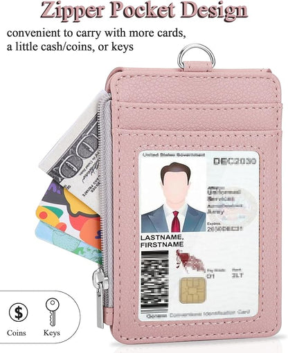 Teskyer Badge Holder with Side Zip Pocket, Multiple Card Slots Leather ID Holder Wallet with Neck Lanyard for Office Staffs, Teachers/Students, Workers, Cruise Cards, Bus/Metro Cards, Lichee Dark Pink