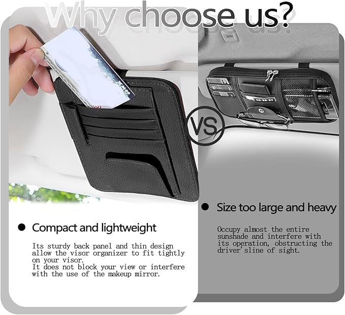 2Pcs Car Sun Visor Organizer, Slim Leather Sunglass Holder for Car, Auto Document Holder for Card, Sunglasses, Insurance, Registration, Pen, Receipt (Black)