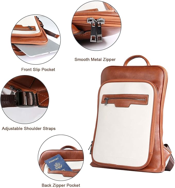 Leather Laptop Backpack, Women and Men Backpack Travel Business Work College Water Resistant Anti Theft Daypack Slim Large fits for 15.6 inch Notebook Computer bag, Off White+ Brown…
