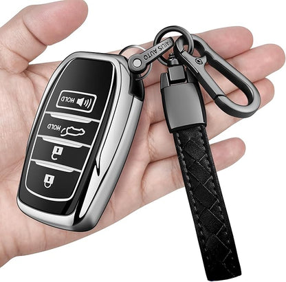 Sindeda for Toyota Key Fob Cover with Metal Keychain & Leather Strap for 2025-2026 Camry 4 Runner 2019-2026 Venza, Land Cruiser,2023-2026 Tacoma Grand Highlander,Corolla,bZ4X,4-5 Buttons(Silver)