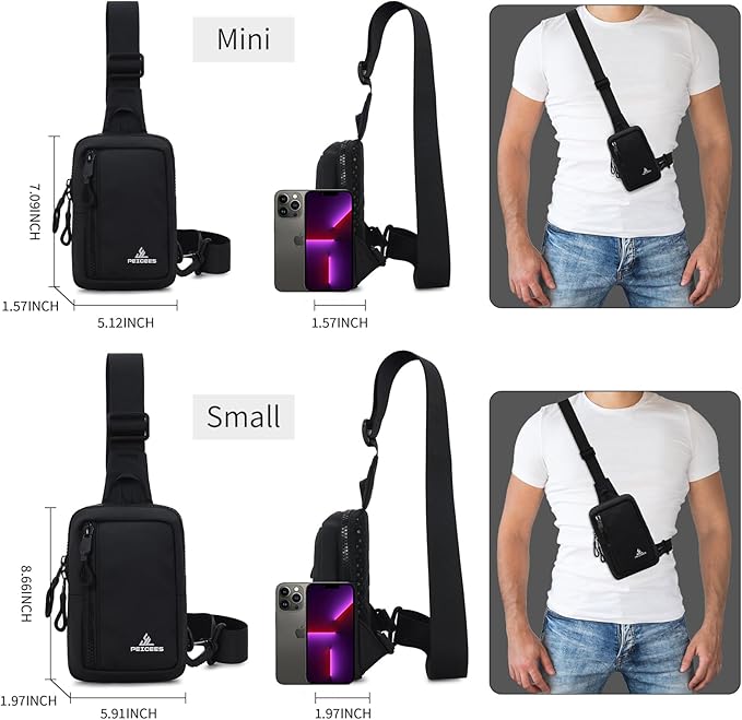 Peicees Small Crossbody Bag for Men Women Mini Sling Bag Travel Running Phone Daypack Cross Body Shoulder Bags, 2 Sizes, Mini Black
