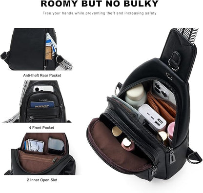 Leresas 7L Sling Bag for Women Vegan Leather Crossbody Purse Chest Bags Fashionable Trendy Fanny Pack with Travel, Black