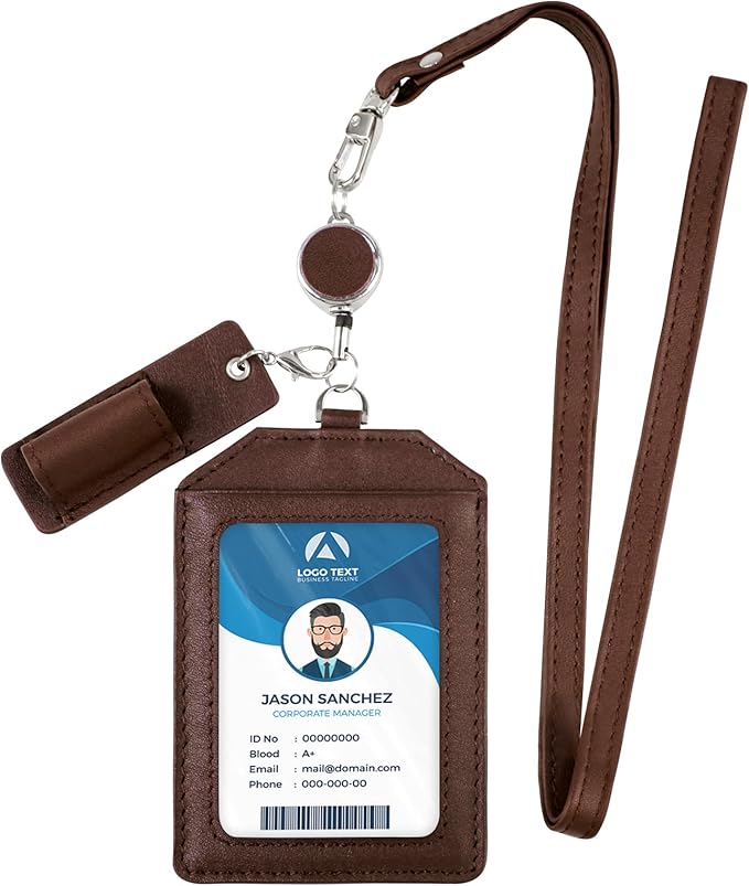 Office Badge Holder - Boshiho Genuine Leather Credit ID Card Holder with Stretch Neck Lanyard Vertical Style (Brown)