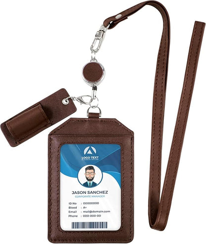 Office Badge Holder - Boshiho Genuine Leather Credit ID Card Holder with Stretch Neck Lanyard Vertical Style (Brown)