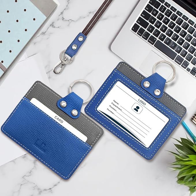 Badge Holder: Boshiho Cowhide Leather ID Badge Card Holder with 19" Neck Lanyard, Horizontal Style (Blue-Dark Gray)
