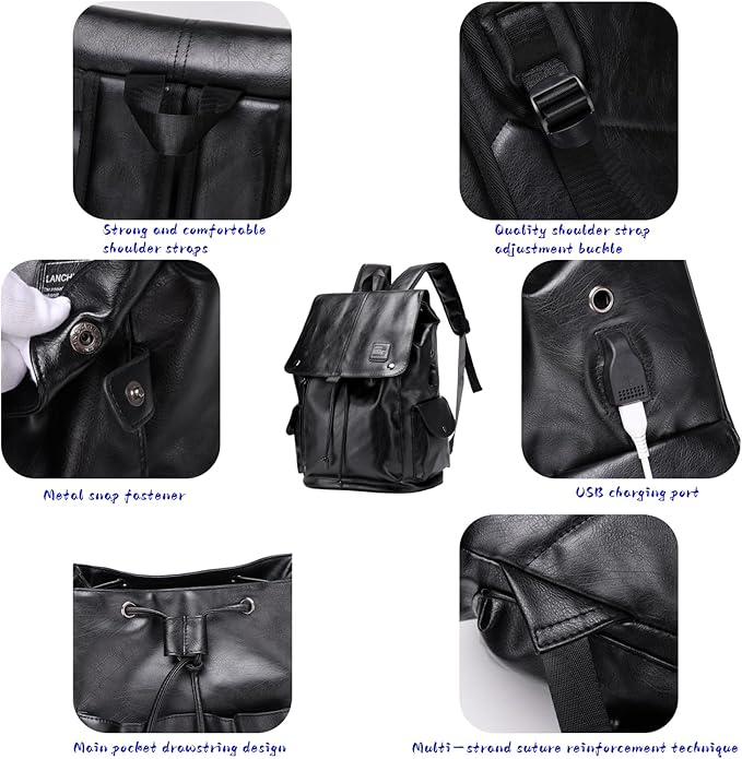Soft leather backpack, casual PU backpack men women. USB charging port. Suitable for work, commuting, traveling, etc. Waterproof. (Black)