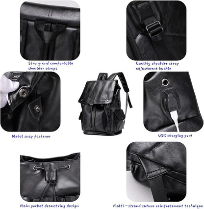 Soft leather backpack, casual PU backpack men women. USB charging port. Suitable for work, commuting, traveling, etc. Waterproof. (Black)