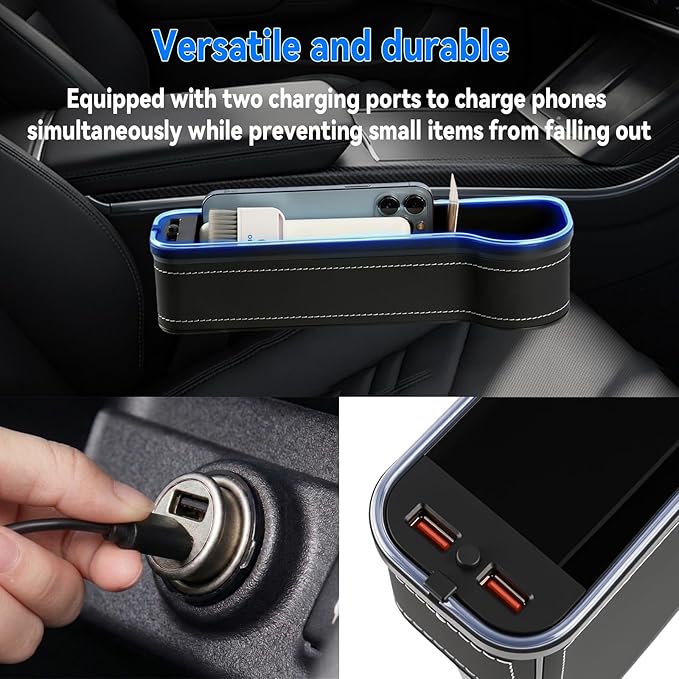 2 Pack Car Seat Gap Plug Storage Slot with USB Charger Upgrade LED Car Seat Gap Filler Organizer Box with Cup Holder Card Slot Larger Storage Space Reducing Item Loss
