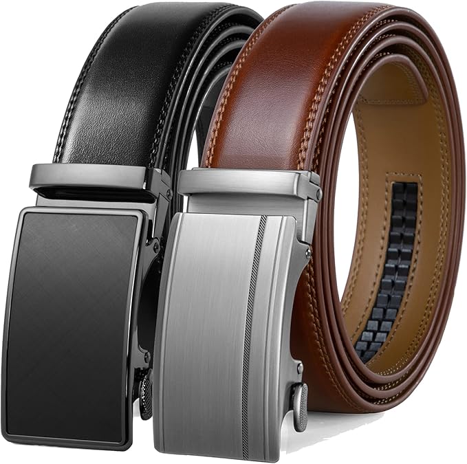 Founders & C Mens Belt 2 Pack,Leather Ratchet Click Belt Dress with Slide Buckle 1 3/8" in Gift Set Box- Size Adjustable