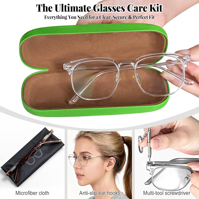 RayLove Glasses Case, 2 Pack Unisex Hard Shell Eyeglass Case PU Leather Hard Eyeglass Case with Eyewear Accessories