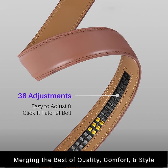 Marino Avenue Ratchet Belt for Men. Adjustable Leather Dress Belt with 38 Easy to Click Into Place Ratchet Closures.