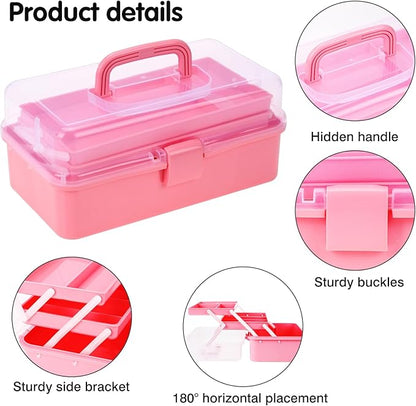 Pink Tackle Box, Craft Organizers and Storage 3-Layer Portable Folding Toolbox, Plastic Tool Box with Handle for Sewing Medicine Art Supplies, Nails and Hair Accessories 12.5inch