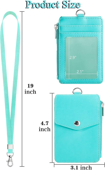Teskyer Badge Holder with Side Zip Pocket, Multiple Card Slots Leather ID Holder Wallet with Neck Lanyard for Office Staffs, Teachers/Students, Couriers, Workers, Cyan