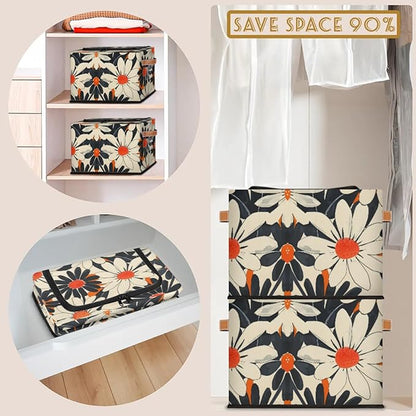 Orange Flowers Storage Bins With Zipper Lid, Collapsible Trunk Organizer, Car Organizers and Storage Bins with Lids, Decorative Storage Boxes with Handle, Home Storage Baskets for Organizing