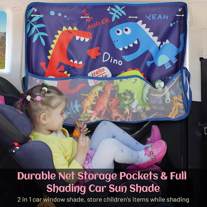 DIZA100 Car Window Shade for Baby, 2 Pack Car Sun Shades with Storage Net Pocket Auto Window Curtain 7 Suction Cups Blue Dinosaurs for Sun/Heat/UV Rays Protection Kids