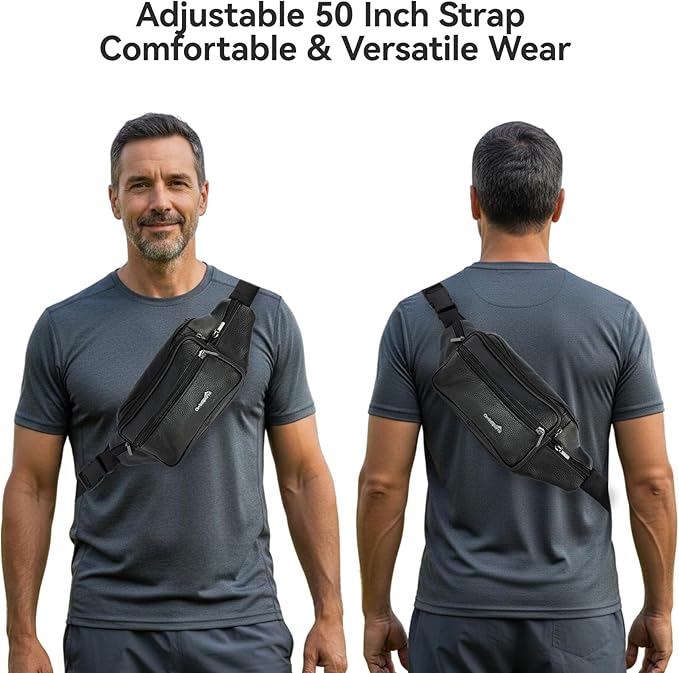 Genuine Leather Fanny Pack For Men and Women Multiple Pockets Waist Bag with Adjustable Strap for Travel Casual Sports Hiking Cycling Fishing Running Black Belt Bag