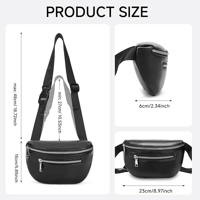 GAEKEAO Fanny Packs Waist Pack for Women Men Vegan Leather Cross body Belt Bag Travel with Adjustable Strap Black