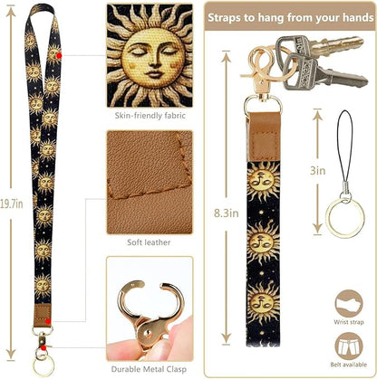 2-in-1 ID Badge Holder & Lanyard Wallet, Sun Moon Lanyard with Retractable Badge Reel 2-Sided Leather Zipper Coin Pouch, Multiple Card Slots Quick Rlease Detachable Neck Lanyards Strap for Keys Cards