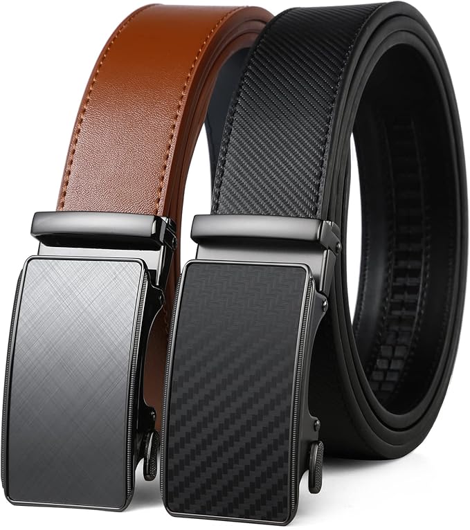 2 Pack Ratchet Belt 1 3/8", Mens leather Dress Belt in Gift Set Size 28"-62" Adjustable waist Trim to Fit