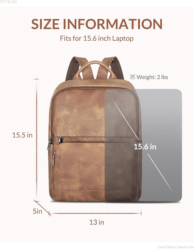 SYTRAH Leather Backpack for Women, Vintage 15.6 inch Laptop Backpack Purse for Women, College Casual Backpacks Ladies Computer Bags for Travel Business Work Camel