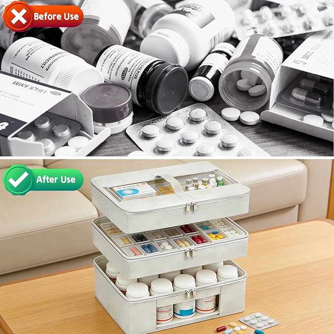 3-Tier Medicine Cabinet Organizer, Foldable Fabric Medicine Storage Box with Clear Cover and Handle,Multipurpose Medicine Organizer Box for First Aid, Home and Travel