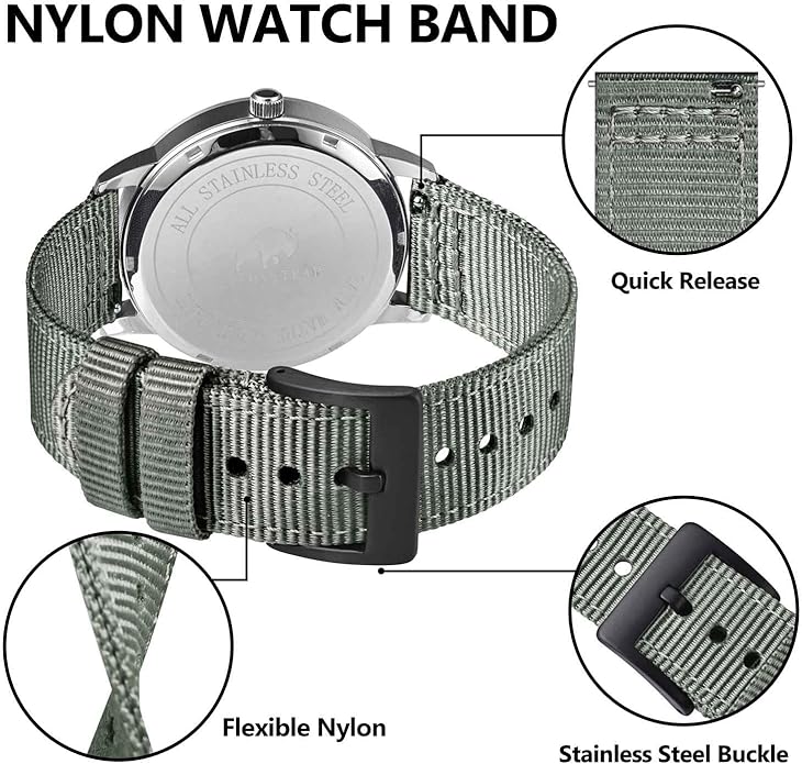 BISONSTRAP Men’s Nylon Watch Bands, Two-Piece Military Watch Straps, Quick Release, Brushed Buckle, Band Width 18mm 19mm 20mm 22mm