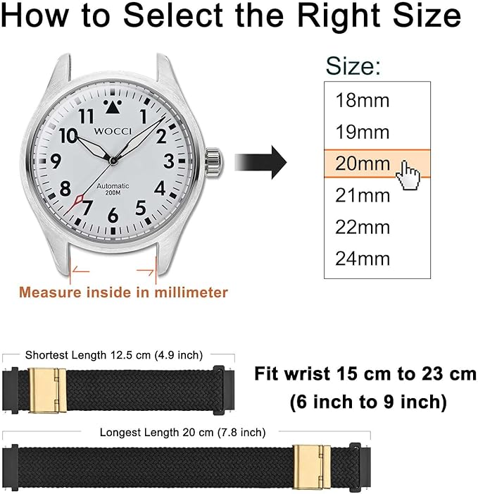 WOCCI 20mm Braided Nylon Watch Band for Men and Women, Quick Release, Golden Stainless Steel Buckle (Black)