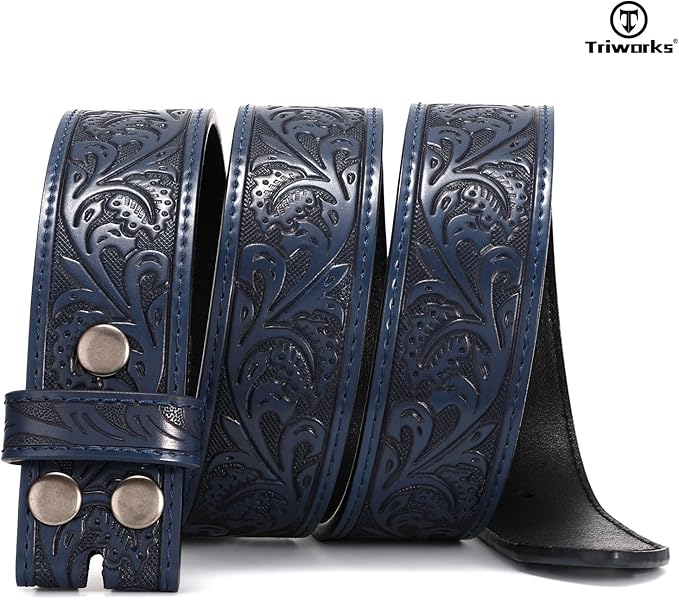 TRIWORKS Western Belt Strap for Men without Buckle 1.5" Wide Floral Engraved Embossed Leather Belt Strap