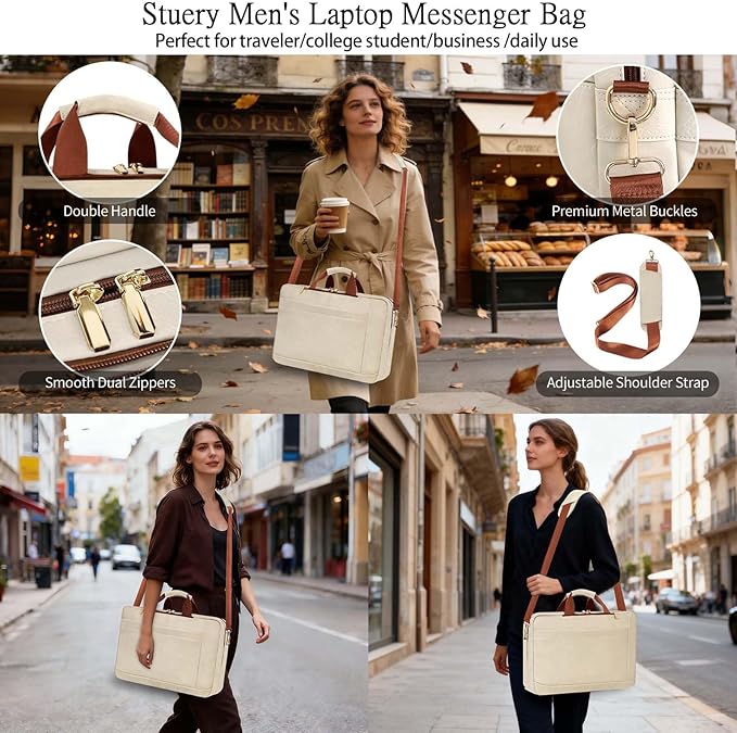 Stuery Faux Leather Messenger Bag for Men 17-17.3 Inch: Laptop Bag Briefcase Computer Handbags Shoulder Crossbody Bag with Padded Laptop Sleeve for Work College Travel, Beige White