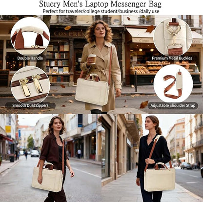 Stuery Faux Leather Messenger Bag for Men 17-17.3 Inch: Laptop Bag Briefcase Computer Handbags Shoulder Crossbody Bag with Padded Laptop Sleeve for Work College Travel, Beige White