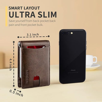 RUNBOX Slim Wallet for Men Genuine Leather RFID Blocking Bifold Minimalist Front Pocket Mens Wallet with Money Clip Thin Gift Box
