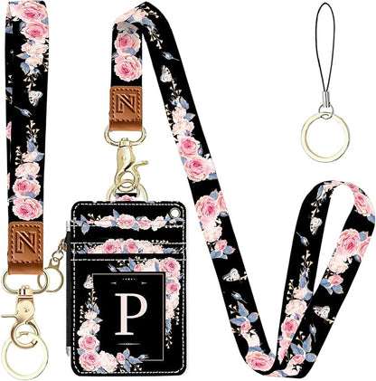 A-Z Letter 2-in-1 ID Badge Holder & Lanyard Wallet for Teachers,Nurse,Professionals-Cute Zippered Coin Pouch,Removable Wristlet & Neck Lanyard,5 Card Slots Stylish Work Essential P
