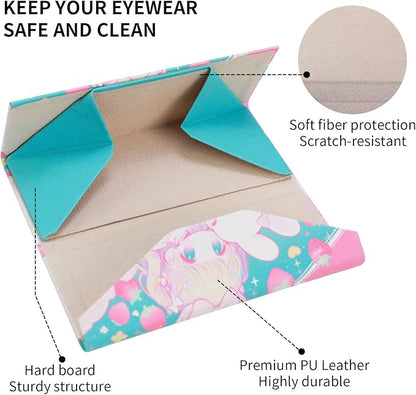 Foldable Glasses Case, Magnetic PU Leahter Sunglasses Case, Cute Hard Shell Folding Eyeglass Cases for Women Kids