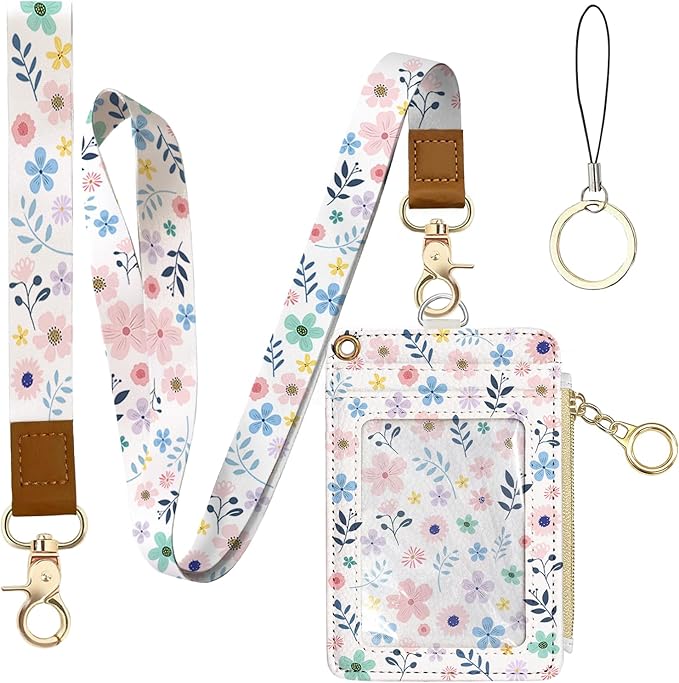 Flower Leather Badge Holder with Zipper Pocket, Beautiful Work Lanyards and 1 Zip Pocket, 4 Card Slots, Breakaway Lanyards with Metal Clasp for Offices, Staff, Adult, Employees