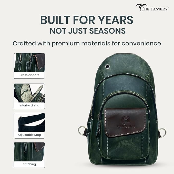 The Tannery Handmade Buffalo Leather Multipurpose Travel Hiking Crossbody Chest Backpack with Adjustable Shoulder Strap (Green, Small)