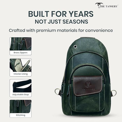 The Tannery Handmade Buffalo Leather Multipurpose Travel Hiking Crossbody Chest Backpack with Adjustable Shoulder Strap (Green, Small)