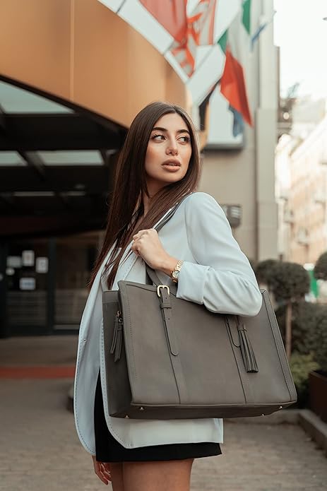 ECOSUSI Laptop Bag For Women 15.6 Inch Work Tote Bags PU Leather Computer Purse For Business Office With 3 Layer Compartments