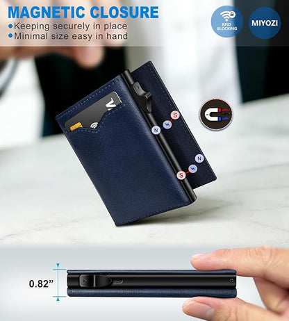 miyozi Wallet for Men,with Cash Pocket 2 ID Window 9-13 Cards,Metal Case Smart Slim Pop Up Credit Card Holder Flip with Magnetic Closure RFID Blocking Trifold wallet with Gift Box