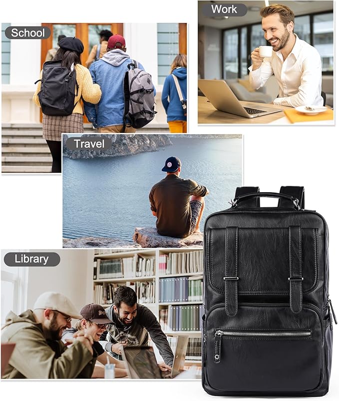 MOYYI Black Leather Backpack for Men Waterproof Fit 15.6 inch Laptop Backpack Work Commute Casual Daypack