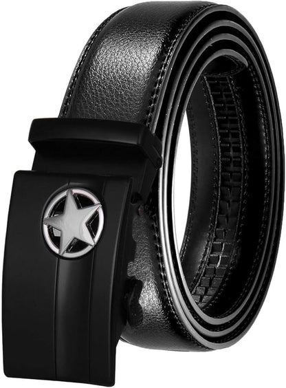 JINIU Men's Ratchet Belt Buckle, Black Genuine Leather Slide Belt for Men Dress Suit, Micro Adjustable Trim to Fit Boxed