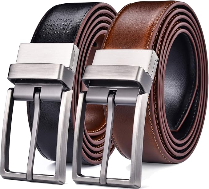 beltox fine Men's Dress Belt Leather Reversible 1.25" Wide Rotated Buckle Gift Box