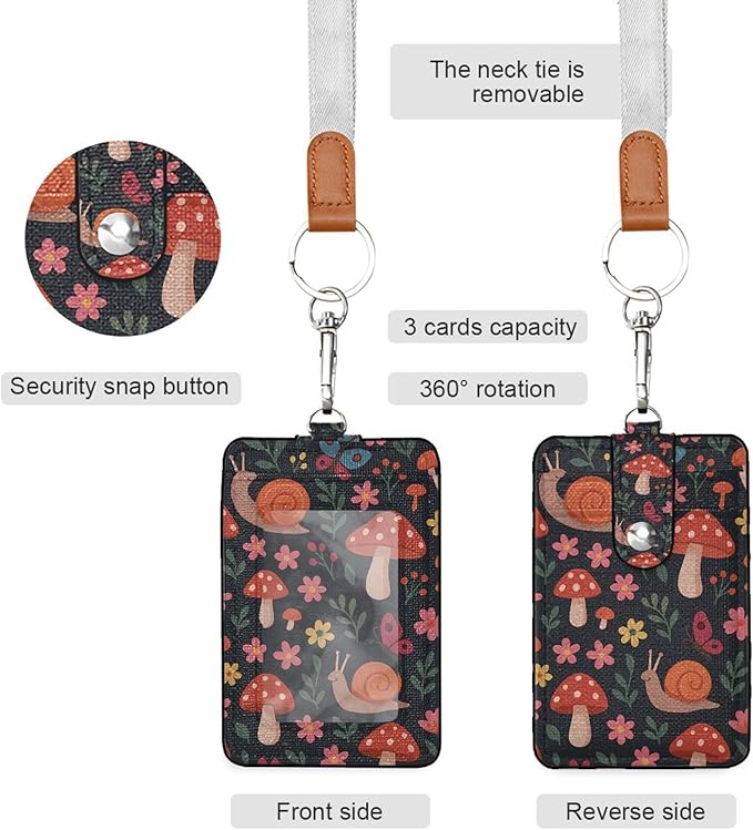 Badge Holder, Mushroom with Snails PU Leather School College Business ID Badge Card Holder Wallet Case with 1 Clear Window, 2 Credit Card Slots and Detachable Neck Lanyard - Vertical