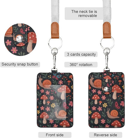 Badge Holder, Mushroom with Snails PU Leather School College Business ID Badge Card Holder Wallet Case with 1 Clear Window, 2 Credit Card Slots and Detachable Neck Lanyard - Vertical