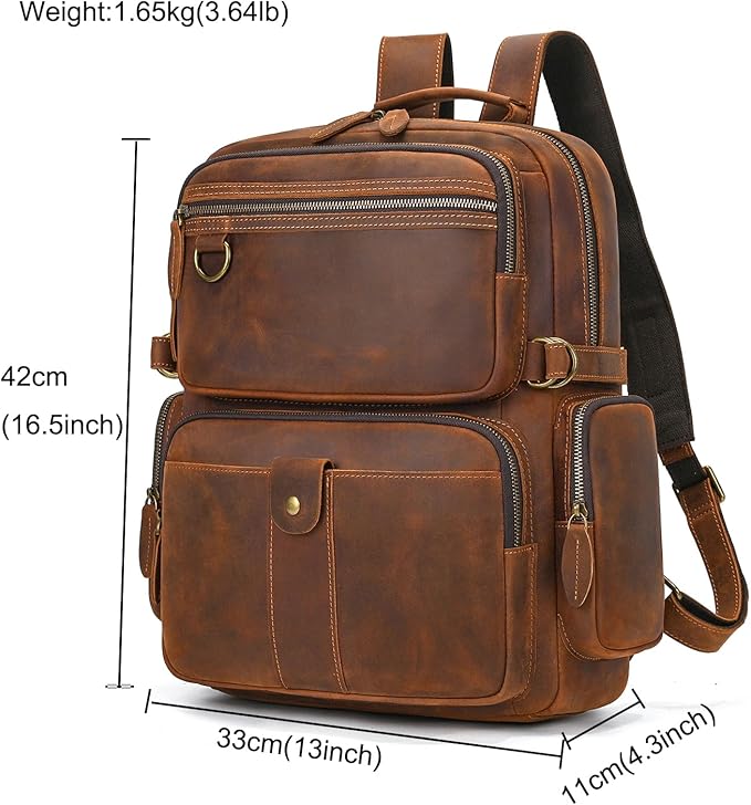 LUUFAN Full-grain Leather Laptop Backpack for Men Large Capacity Crazy Horse Leather Daypack Business Travel Outdoor Shoulder Bag, Brown