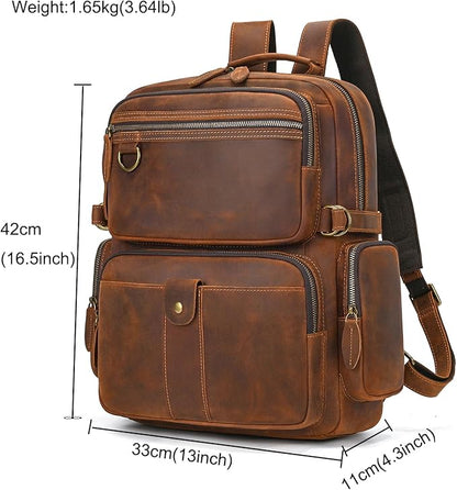 LUUFAN Full-grain Leather Laptop Backpack for Men Large Capacity Crazy Horse Leather Daypack Business Travel Outdoor Shoulder Bag, Brown