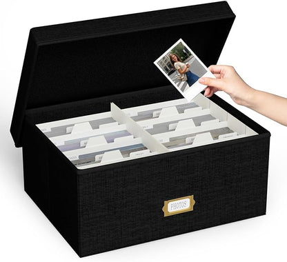 Decorative Photo Storage Box - Linen Photo Box Organizer with Dividers, Fits Holds Up to 1700 Pictures and 5x7 Photos, Memory Keepsake Organizer for Photos, Scrapbook Supplies, Cards, Stamps (Black)