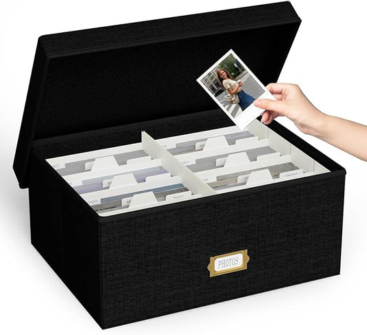 Decorative Photo Storage Box - Linen Photo Box Organizer with Dividers, Fits Holds Up to 1700 Pictures and 5x7 Photos, Memory Keepsake Organizer for Photos, Scrapbook Supplies, Cards, Stamps (Black)