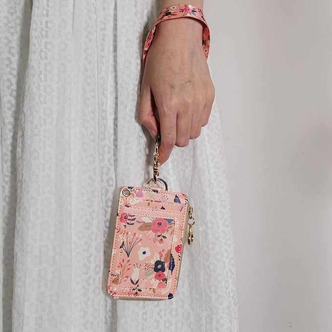 bolimoss Lanyard with Wallet,Zip ID Case with Lanyard,Lanyard Badge Holder,Lanyard Wallet for Women,Fashion Lanyard Wallet, ID Case Wallet with Lanyard（Pink Floral）
