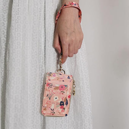 bolimoss Lanyard with Wallet,Zip ID Case with Lanyard,Lanyard Badge Holder,Lanyard Wallet for Women,Fashion Lanyard Wallet, ID Case Wallet with Lanyard（Pink Floral）